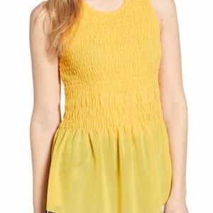 Hinge Sleeveless Smocked Peplum Yellow Blouse